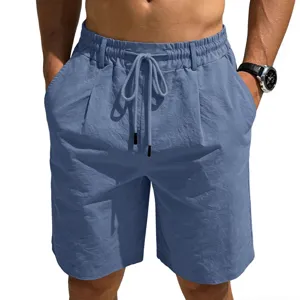 Shorts Décontractés en Mélange de Coton pour Hommes Été Couleur Unie Cordon Taille Élastique Coupe Droite Plage