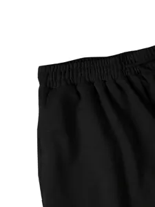 Detailed close-up view of men's black casual shorts waistband featuring elastic and adjustable cord.