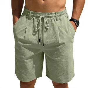 Short de plage décontracté pour hommes couleur unie lin ample cordon ete mode