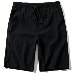 Black cotton linen casual shorts, elastic drawstring waist, comfortable beach shorts detail