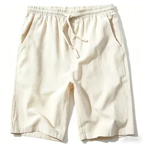 Detail view of mens casual cotton linen shorts drawstring waist comfortable fabric