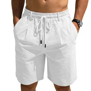 Shorts de loisirs pour hommes en coton lin uni ample cordon de plage d'été confortable