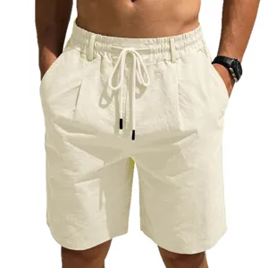 Shorts de loisirs décontractés pour hommes en coton lin avec cordon de serrage plage