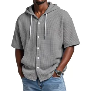 Stylish Men's Waffle Knit Short Sleeve Hoodie Casual Button Down Hooded Summer Top