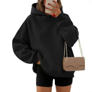 Oversized black hoodie for women and men, fleece lined streetwear with drop shoulder design.