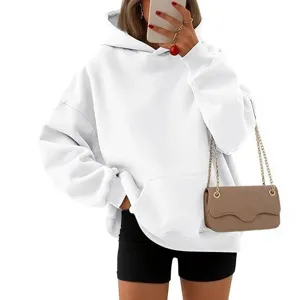 Casual solid color loose hooded sweatshirt, comfortable drop shoulder long sleeve pullover top.