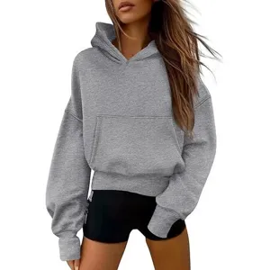 Felpa con cappuccio grigia casual da donna, felpa in pile con tasca anteriore.