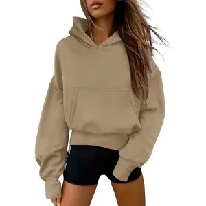 Felpa con cappuccio kaki casual per uomo e donna, felpa in pile tinta unita con spalle scese.