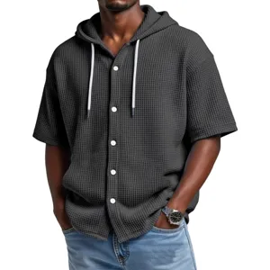 Men waffle knit short sleeve hoodie casual button down top for summer fashion wear main image