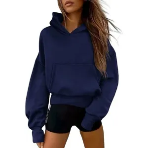 Felpa con cappuccio in pile blu marino classico per uomo e donna con comodo design ampio.