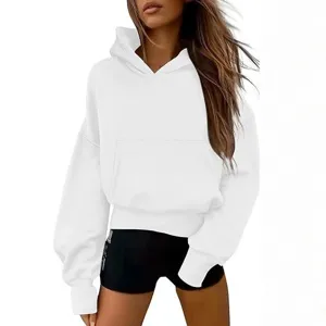 Felpa con cappuccio in pile bianco da donna, pullover casual a maniche lunghe con tasca.