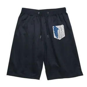Men casual shorts with unique wing logo print, comfortable drawstring waist, summer sportswear.