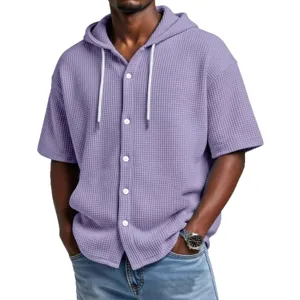 Men's Waffle Knit Short Sleeve Hooded Shirt Summer Casual Button Down Top for Men