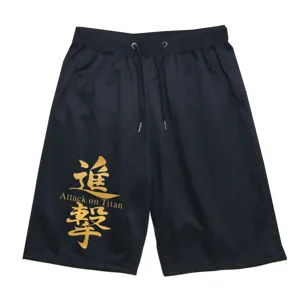 Detail view of black casual shorts featuring striking Japanese kanji and anime print graphics.