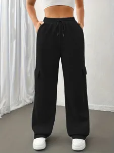 Pantaloni cargo felpa larghi tinta unita da donna con cintura elastica e tasche.
