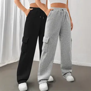 Pantaloni Cargo Donna vita alta tuta casual larghi con coulisse e tasche nero e grigio