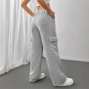 Comodi pantaloni cargo da donna grigi larghi casual con tasche e vita elastica sportivo