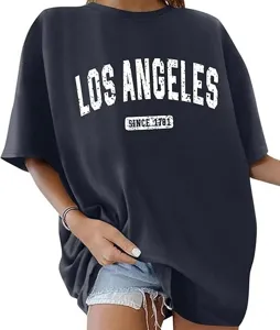 Dunkelgraues Oversize Baumwoll T-Shirt mit kurzem Arm und LA Buchstaben Druck für Herren.