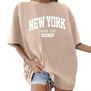 Oversized beige T-Shirt Damen Herren Baumwolle kurzarm Vintage Buchstabe Print Top