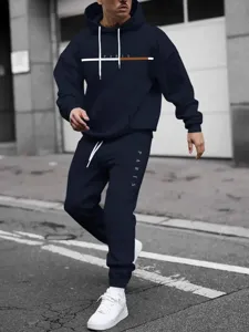 Detailed view of the stylish men casual hooded sweatshirt and matching sweatpants outfit.