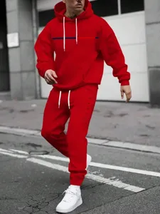 Men red hooded sweatshirt and sweatpants set casual sportswear pullover streetwear