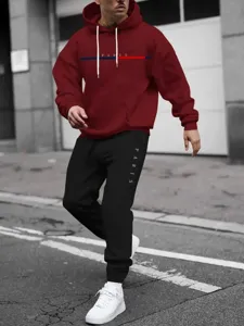 Men's casual fleece hoodie and sweatpants set with graphic print, comfortable streetwear outfit.