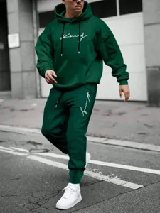 Men green hoodie sweatpants set casual streetwear letter print long sleeve tracksuit