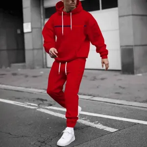 Men's Red Tracksuit Set Casual Hooded Sweatshirt Sweatpants with White Drawstring
