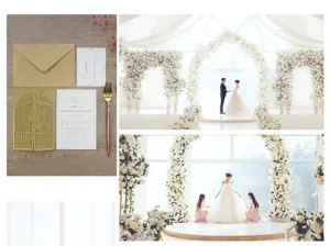 Elegante invitación de boda cortada con láser con relieve dorado y sobre
