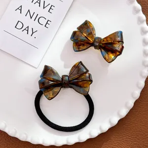 Vintage tortoiseshell acetate bow hair clip and elastic tie set for elegant styling