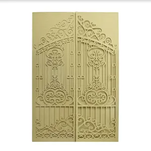 Elegante tarjeta de invitación de boda cortada con láser y diseño de puerta dorada