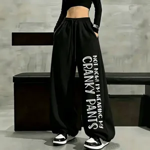 Women Casual Fleece Lined Wide Leg Sweatpants Loose High Waist Drawstring Long Trousers With Letter Print Streetwear