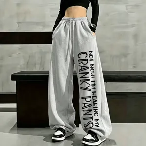 Women's loose wide leg sweatpants casual high waist drawstring grey trousers fashion apparel