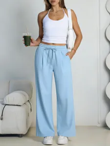Women's casual light blue wide-leg pants with elastic drawstring waist for daily comfort wear.