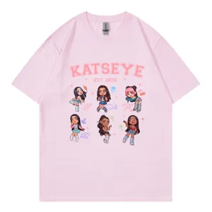 Rosa Kurzarm T-Shirt mit niedlichem Anime Girlgroup Grafikprint für die Freizeit