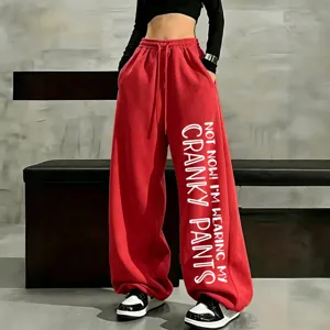 Women red wide leg fleece sweatpants casual drawstring winter warm loose trousers pants