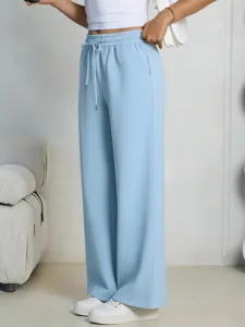 Women light blue wide leg sweatpants casual loose drawstring long pants comfortable daily wear
