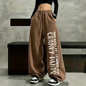Women Casual Loose Wide Leg Fleece Lined Sweatpants With Drawstring Casual Pockets