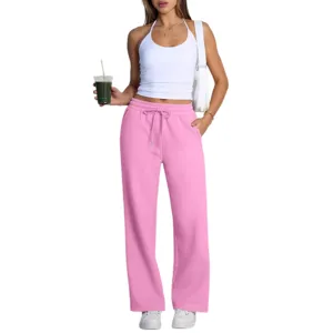 Women casual pink loose wide leg sweatpants with adjustable drawstring fashion main view