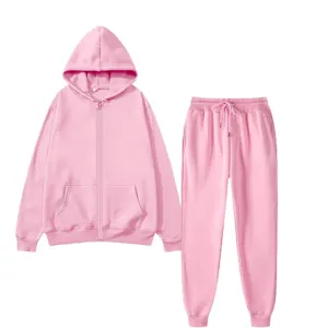 Men Fleece Zip Hoodie Sweatpants Set Solid Color Casual Sportswear Two Piece Pink Outfit