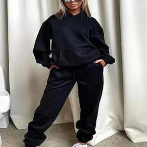 Women 2 Piece Tracksuit Solid Black Long Sleeve Hoodie Sweatpants Casual Y2K Outfit