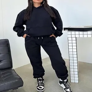 Women 2 piece casual hoodie sweatpants tracksuit Y2K autumn outfit detail view style black