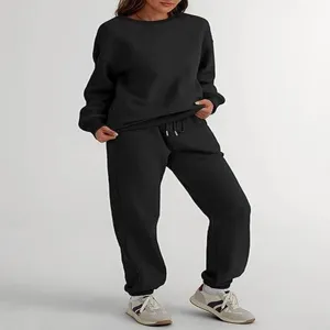 Women's 2-piece casual sweatshirt and sweatpants set, solid black activewear outfit for daily wear.