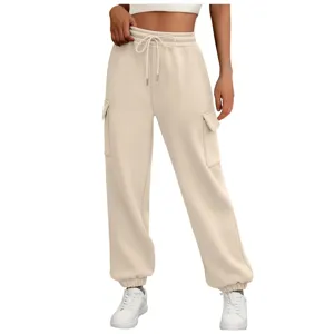 Women high-waisted cargo sweatpants casual loose jogger trousers with pockets white.