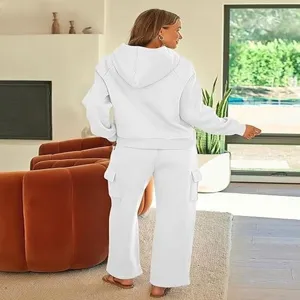 Back view detail of women white 2 piece casual hoodie and cargo sweatpants lounge set.