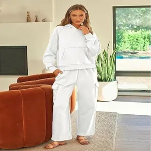 Women white hoodie and cargo sweatpants detail view, cozy lounge set style for daily wear.