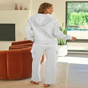 Women two piece casual hoodie and cargo sweatpants set, comfortable autumn activewear outfit.
