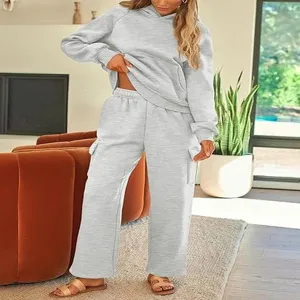 Comfortable grey lounge set detail, casual hoodie and pocket sweatpants, indoor soft fabric.