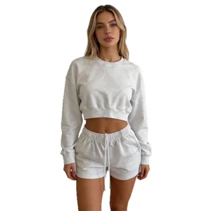 Women casual heather gray long sleeve crop sweatshirt and shorts lounge set for daily wear.