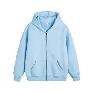 Light blue zip-up hoodie for women, casual fleece-lined hooded sweatshirt, cozy outerwear.